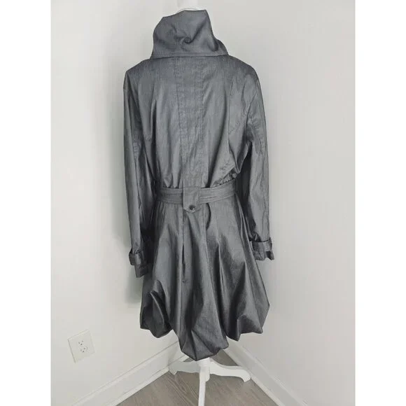 Samuel Dong Gray Metallic Taffeta Collared Bubble Hem Zip Trench Jacket Coat XL - Picture 10 of 14